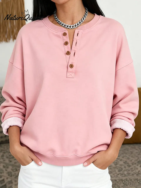 Henley Collar Solid Color Casual Cotton Sweatshirt