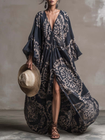 Retro V-neck Floral Print Vacation Maxi Dress