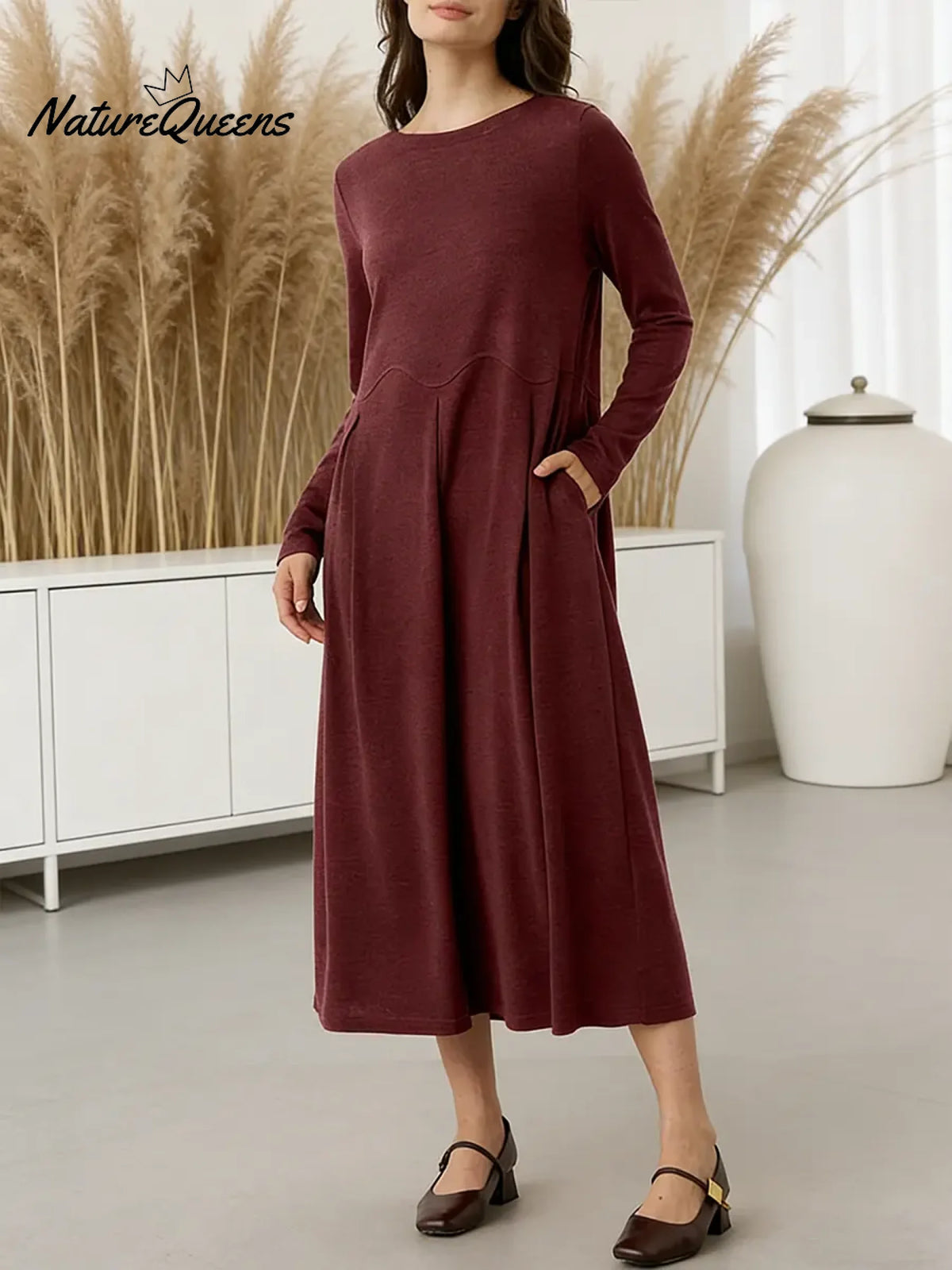 Women's Solid Color Round Neck Long Sleeve Casual Loose Knit Dress