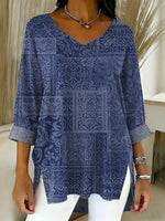 Women's Retro Geometric Art Print Casual Washed Denim Cotton Top