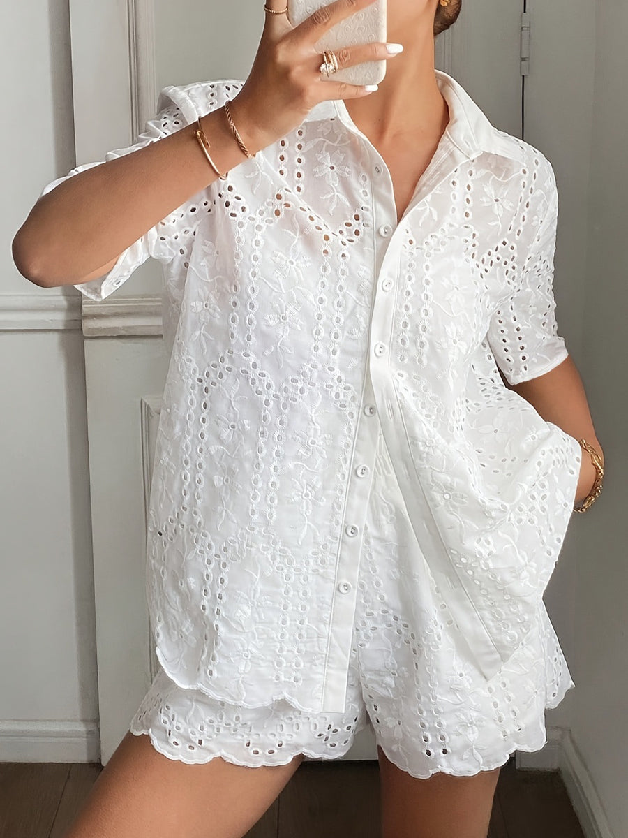 Embroidered Short-sleeved Collared Openwork Top And Shorts