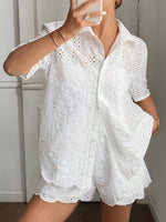 Embroidered Short-sleeved Collared Openwork Top And Shorts