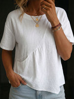 Women's Round-neck Short-sleeve Irregular Hem Cotton-linen Shirt