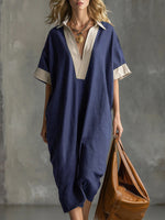 Women's Color-block V-neck Short-sleeved Casual Loose Cotton And Linen Dress