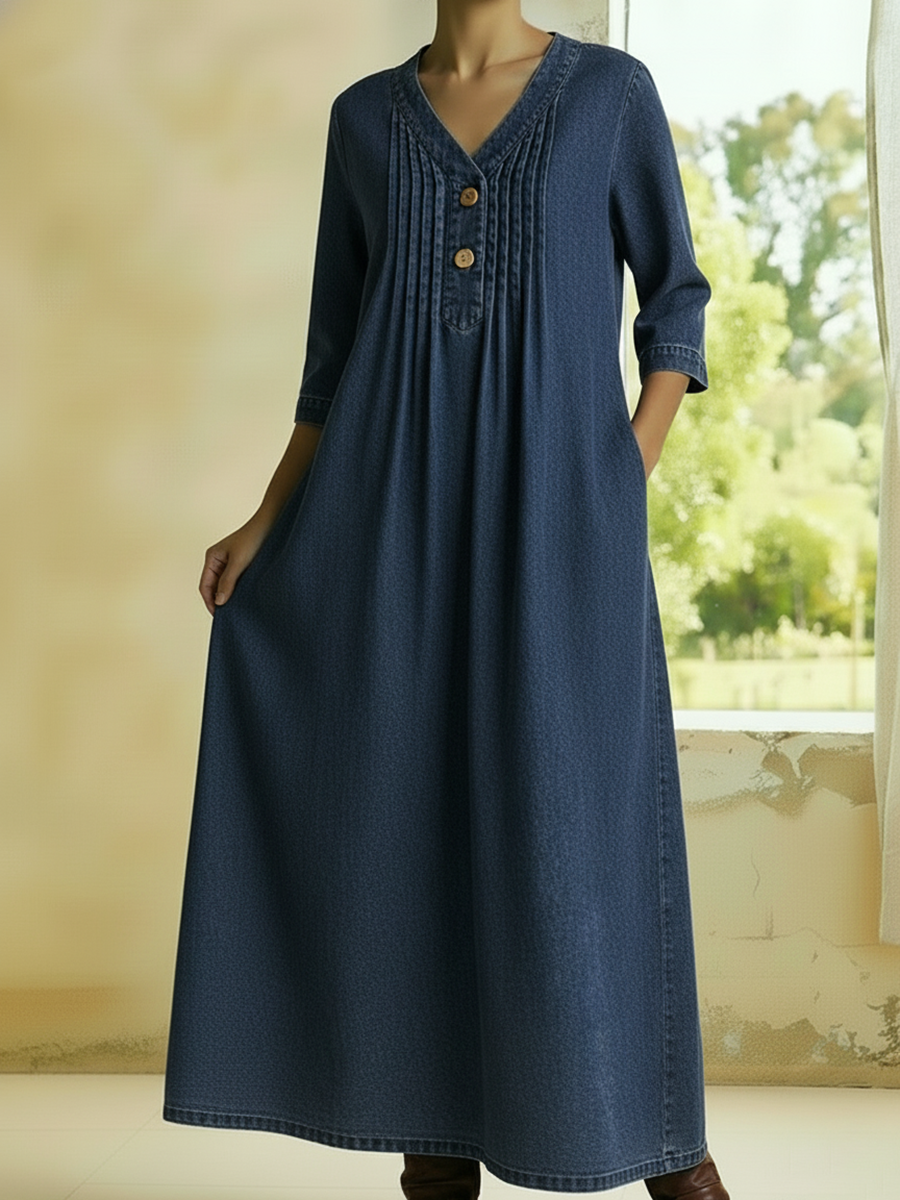 Casual V-neck Pleated Button-down Denim Dress