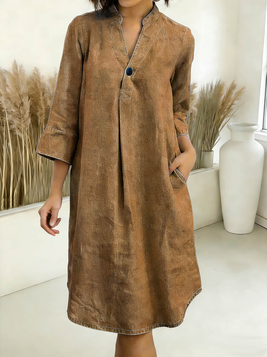 Women's V-neck 3/4 Sleeve Casual Loose Denim Dress