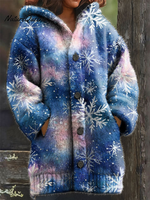 Women's Retro Christmas Tree Snowy Pattern Art Print Casual Plush Warm Coat