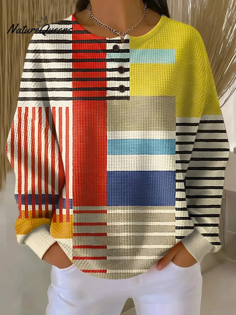 Women's Geometric Pattern Art Print Casual Waffle Sweatshirt