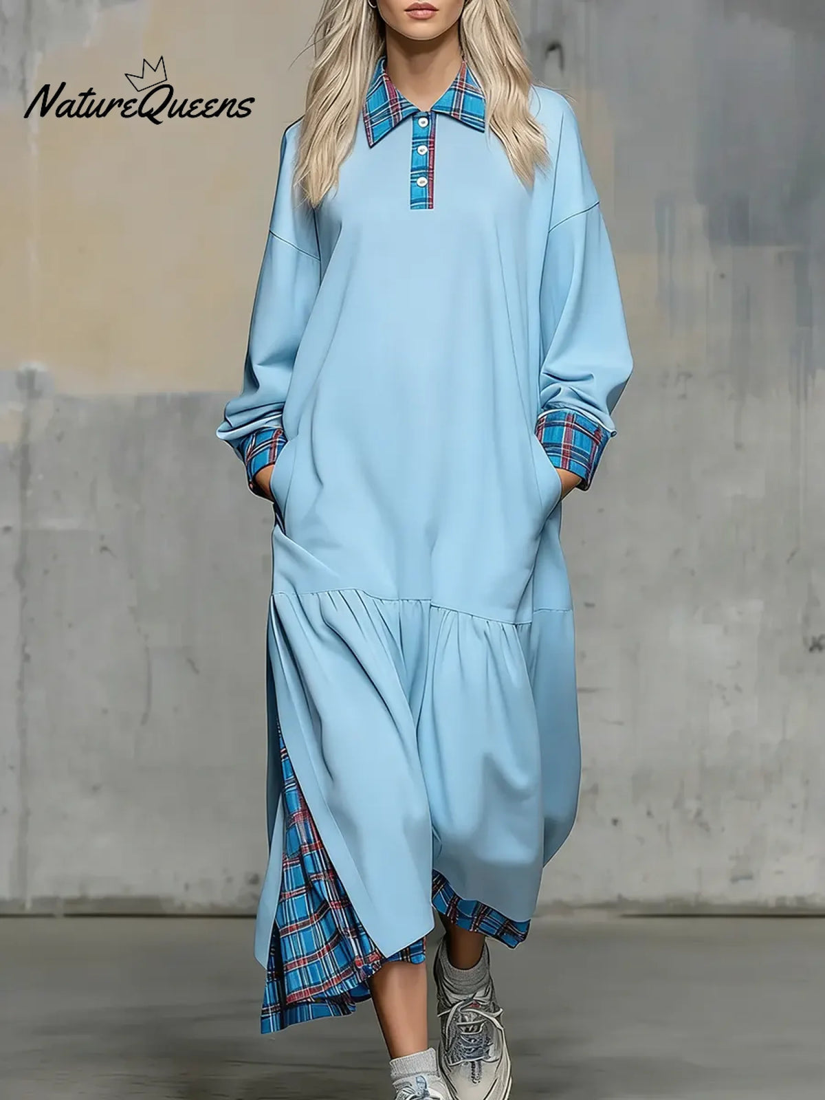 Women's Solid Color Patchwork Plaid Print Shirt Collar Long-sleeved Casual Loose Dress