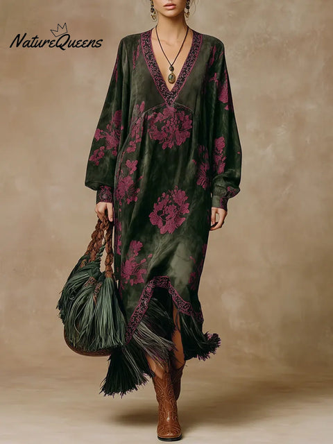 Women's Retro Print V-neck Long-sleeved Casual Loose Suede Tassel Dress