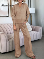 Women's Solid Color V-Neck Long Sleeve Casual Loose Sweatshirt High Waist Casual Loose Wide Leg Set