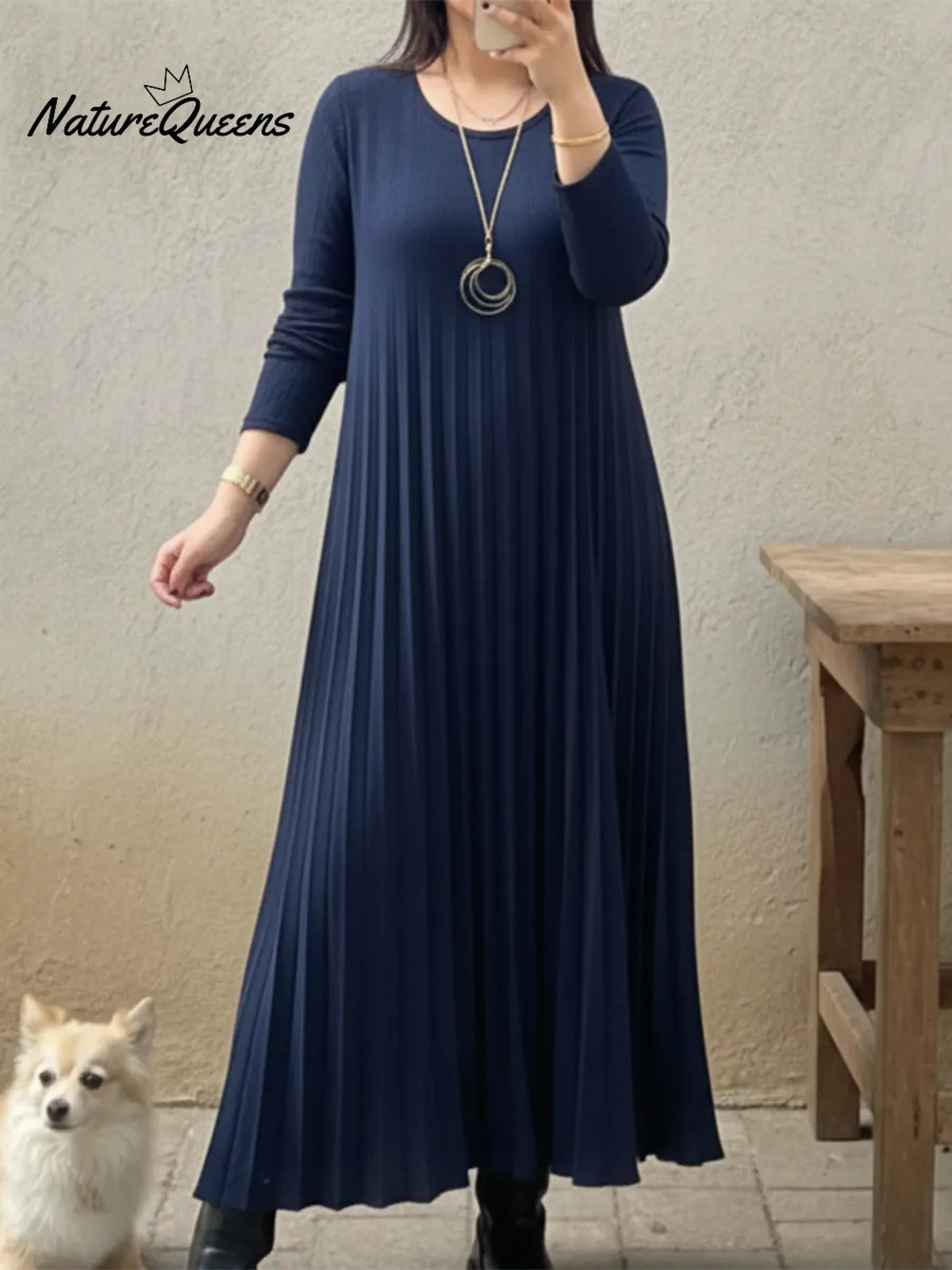 Elegant Pleated Design Solid Color Knit Dress