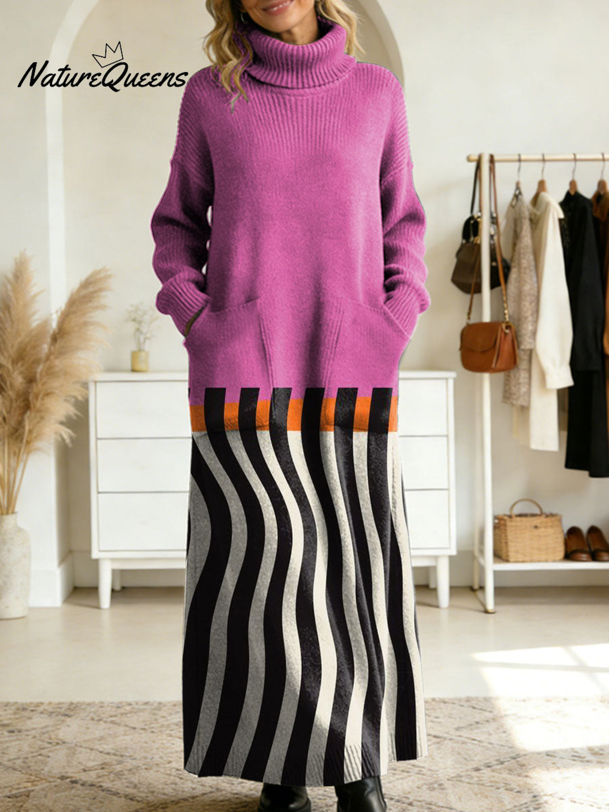 Women's Retro Abstract Geometric Colorful Splicing Patterns Art High-neck Long-sleeve Casual Loose Knit Dress