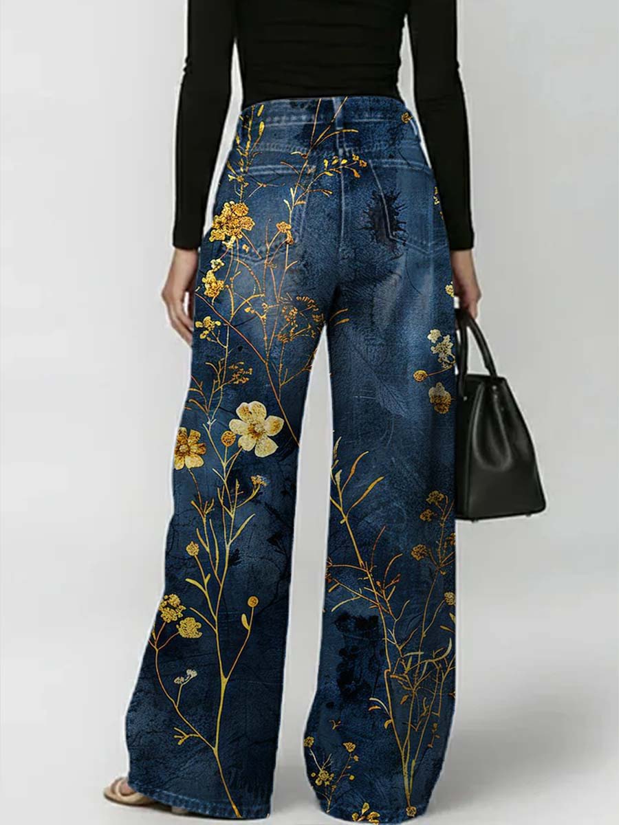 Women's Floral Pattern Art Print Casual Stylish Denim Pants