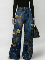 Women's Floral Pattern Art Print Casual Stylish Denim Pants