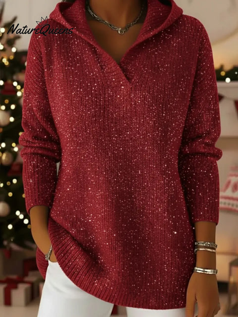 Women's Shiny Hooded Knit Pullover Sweater