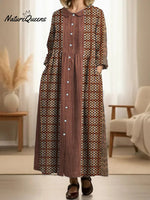 Women's Pleated Geometry Patterns Print Doll Collar Casual Long-sleeved Dress