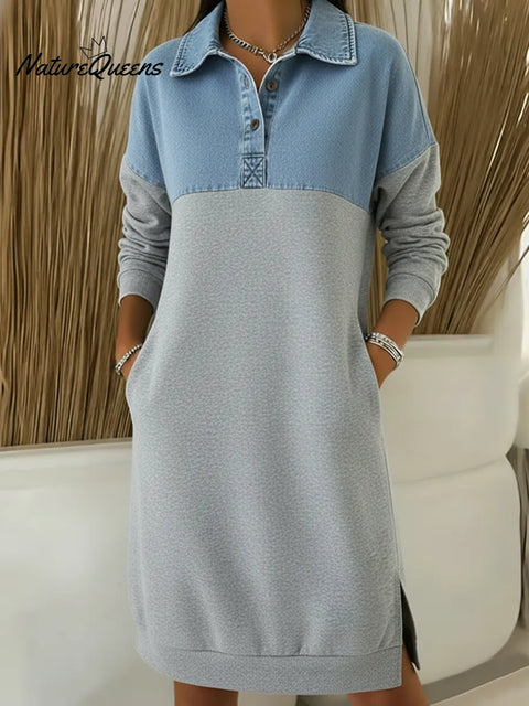 Casual Denim Patchwork Collar Button-down Sweatshirt Dress