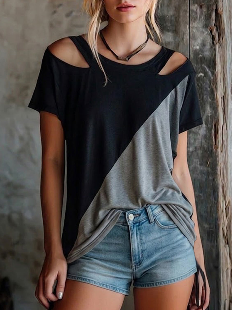 Casual & Comfortable Color-block Cotton T-shirt With Shoulder Cutouts