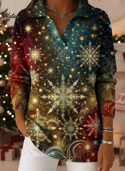 Christmas Snowflakes Bow Art Pattern Art Polo Collar Shiny Loose Sweater Top