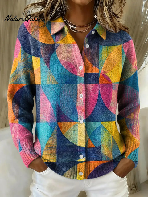 Women's Colorful Geometry Printed Collared Sweater