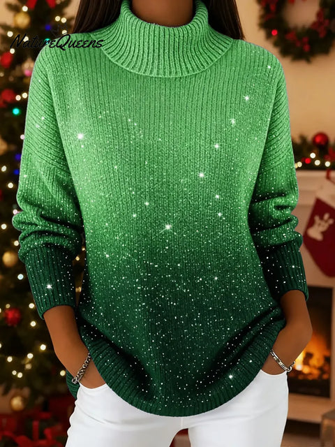 Women's  Stand Collar Casual Loose-fitting Sequined Gradient Knit Sweater