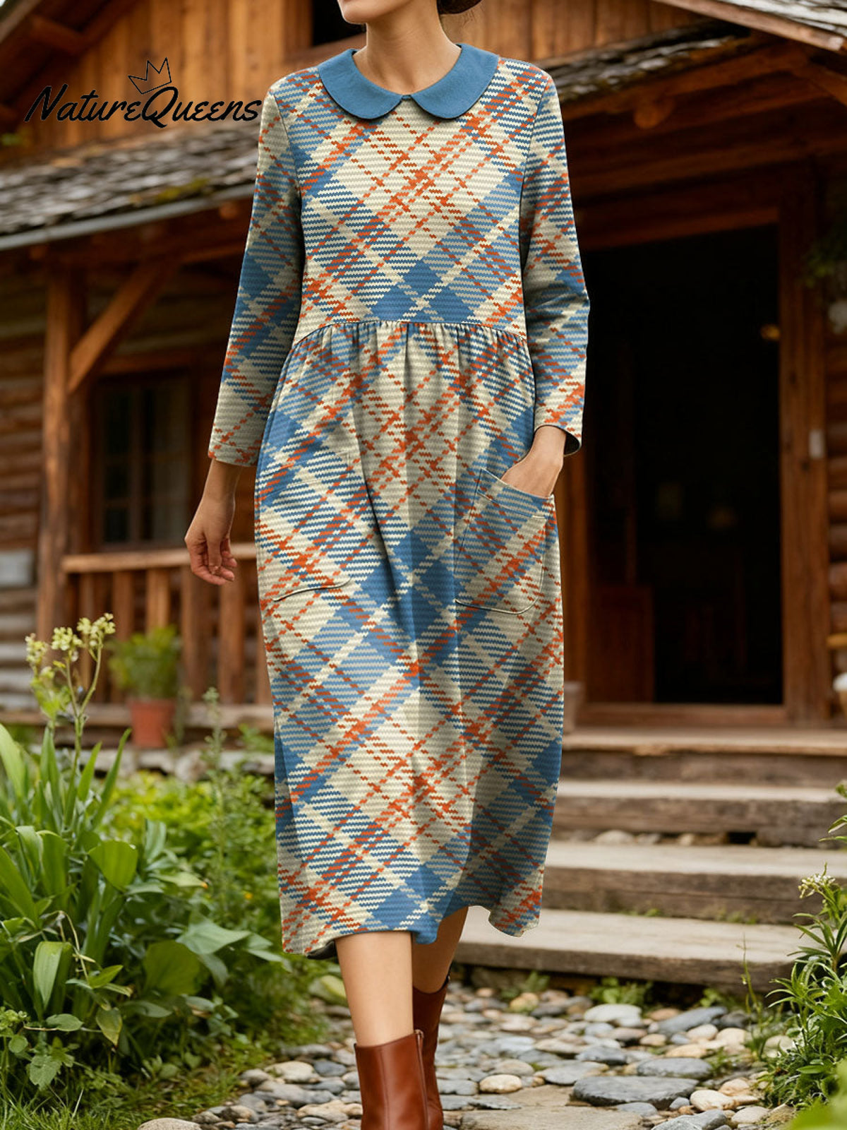 Classic Plaid Pattern Casual Peter Pan Collar Long Sleeve Dress