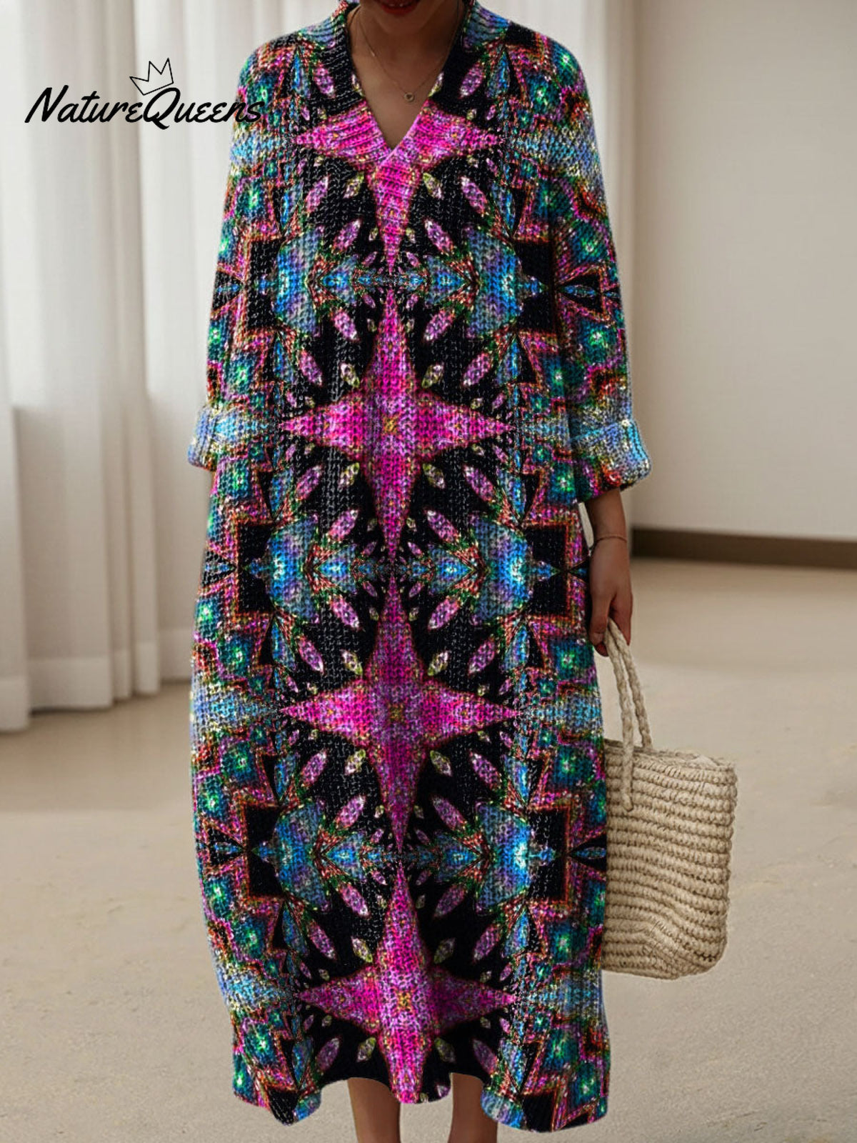 Visually Stunning Star-shaped Decorative Patterns Women's Casual V-Collar Long Sleeve Dress