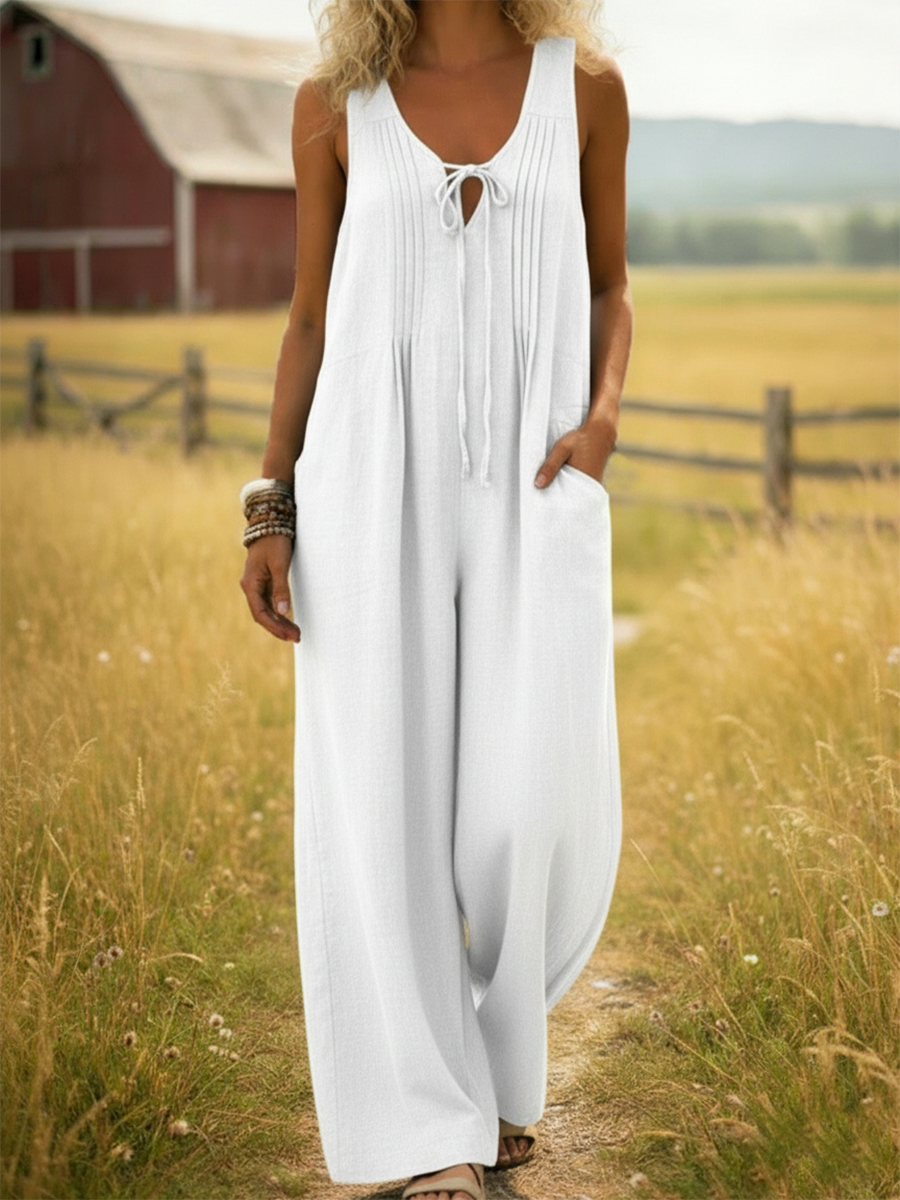 Cozy Pleated Drawstring Cotton Jumpsuit