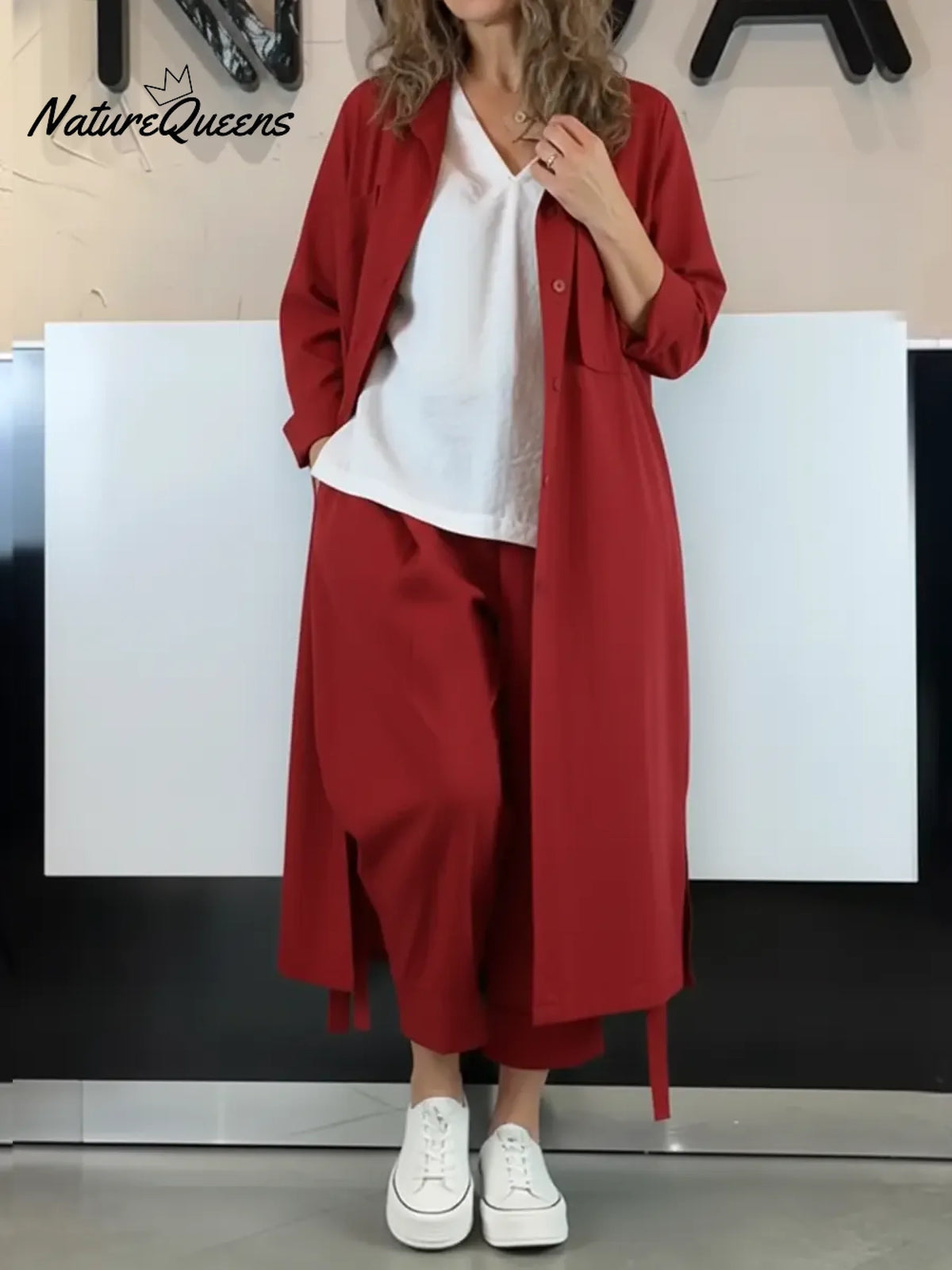 Women's Casual Cotton Extra-long Shirt And Pants Two-piece Set