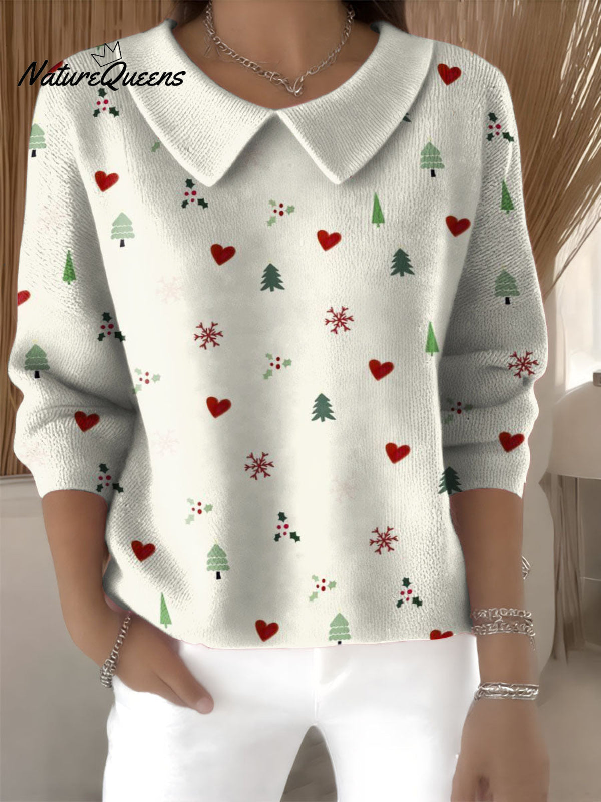 Christmas Heart Decoration Patterns Women's Casual Peter Pan Collar 3/4 Sleeve Sweater
