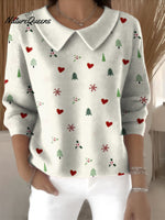 Christmas Heart Decoration Patterns Women's Casual Peter Pan Collar 3/4 Sleeve Sweater