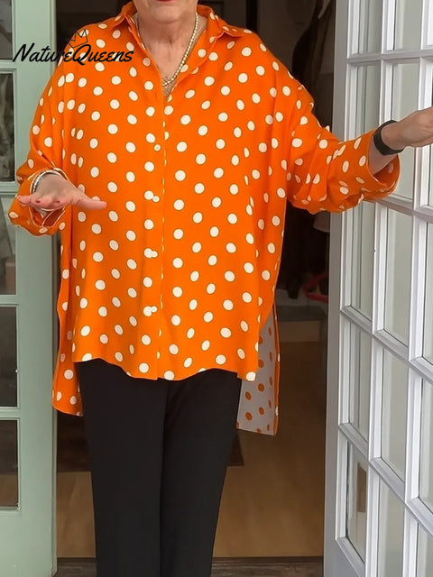 Women's Polka Dot Print Collared Long-sleeved Casual Loose Cotton-linen Shirt