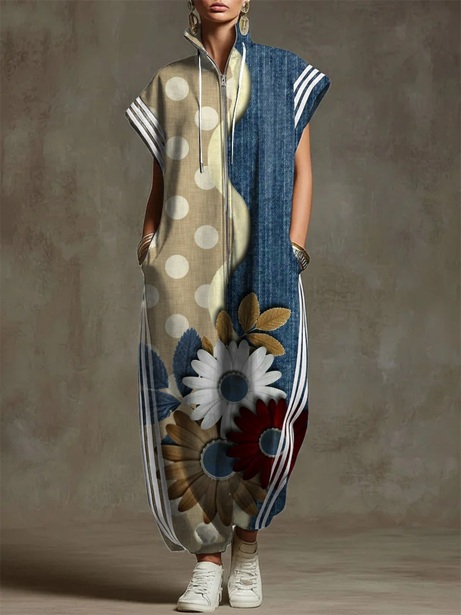 Women's Vintage Pattern Art Print Casual Cotton Jumpsuit