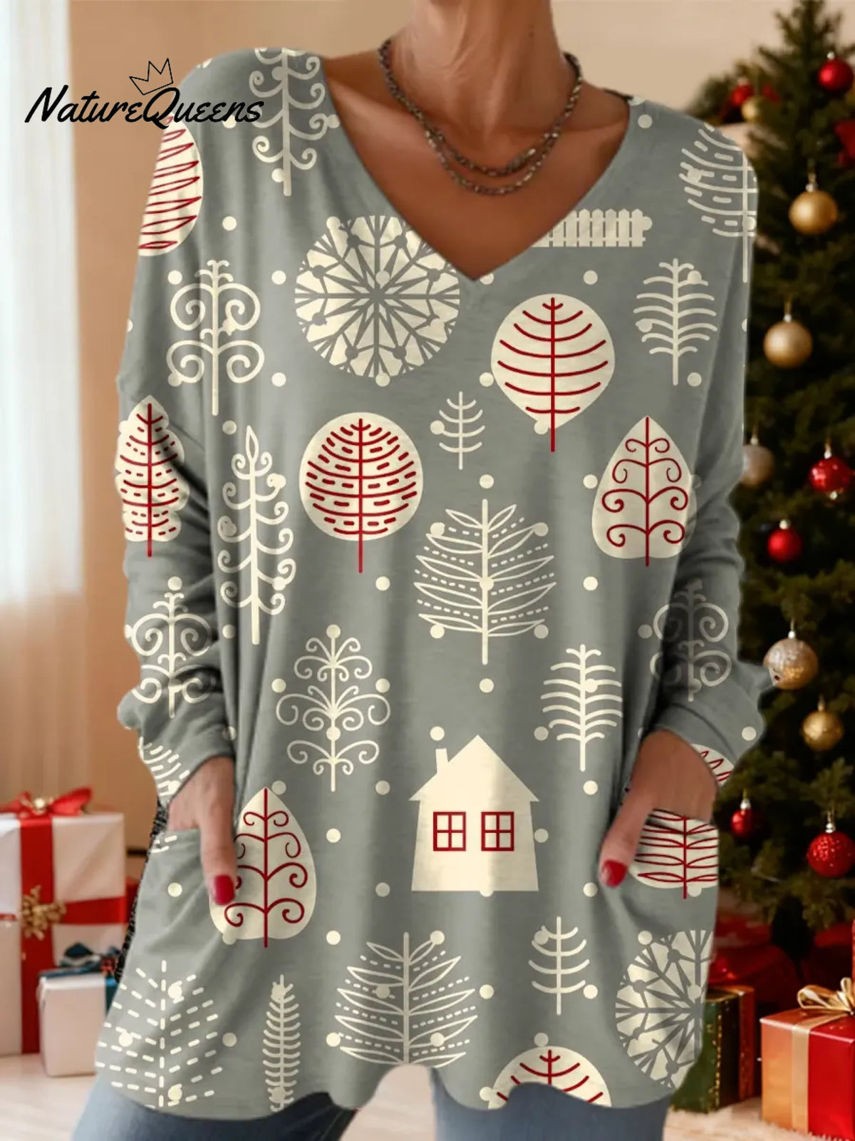 Women's Christmas Tree Pattern Art Print Casual Cotton T-shirt