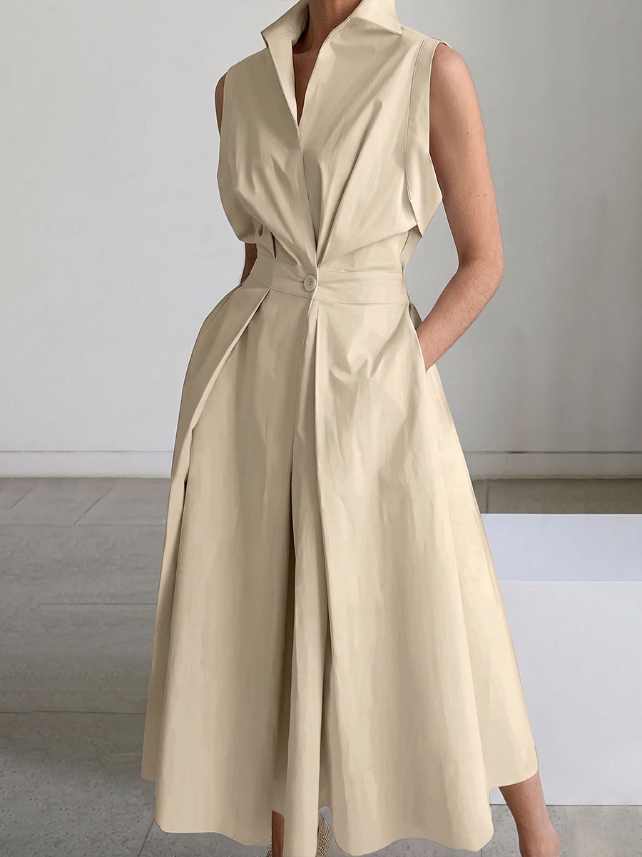 Women's Minimalist Solid-color V-neck Button-front Flared Dress