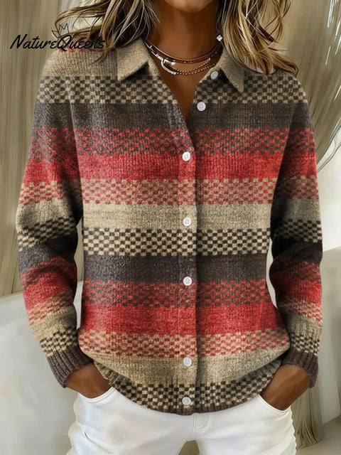 Women's Retro Red Stripes Printed Collared Sweater