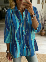 Women's Retro Striped Art Print Casual Lapel Cotton Shirt
