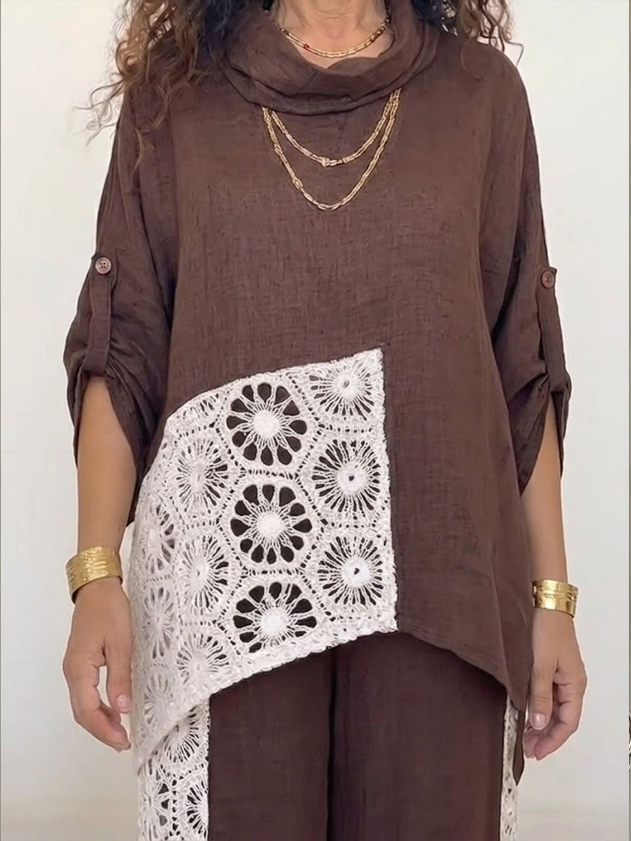 Women's Cotton-linen Set With Lace-trimmed Cowl Neck