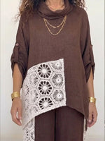 Women's Cotton-linen Set With Lace-trimmed Cowl Neck