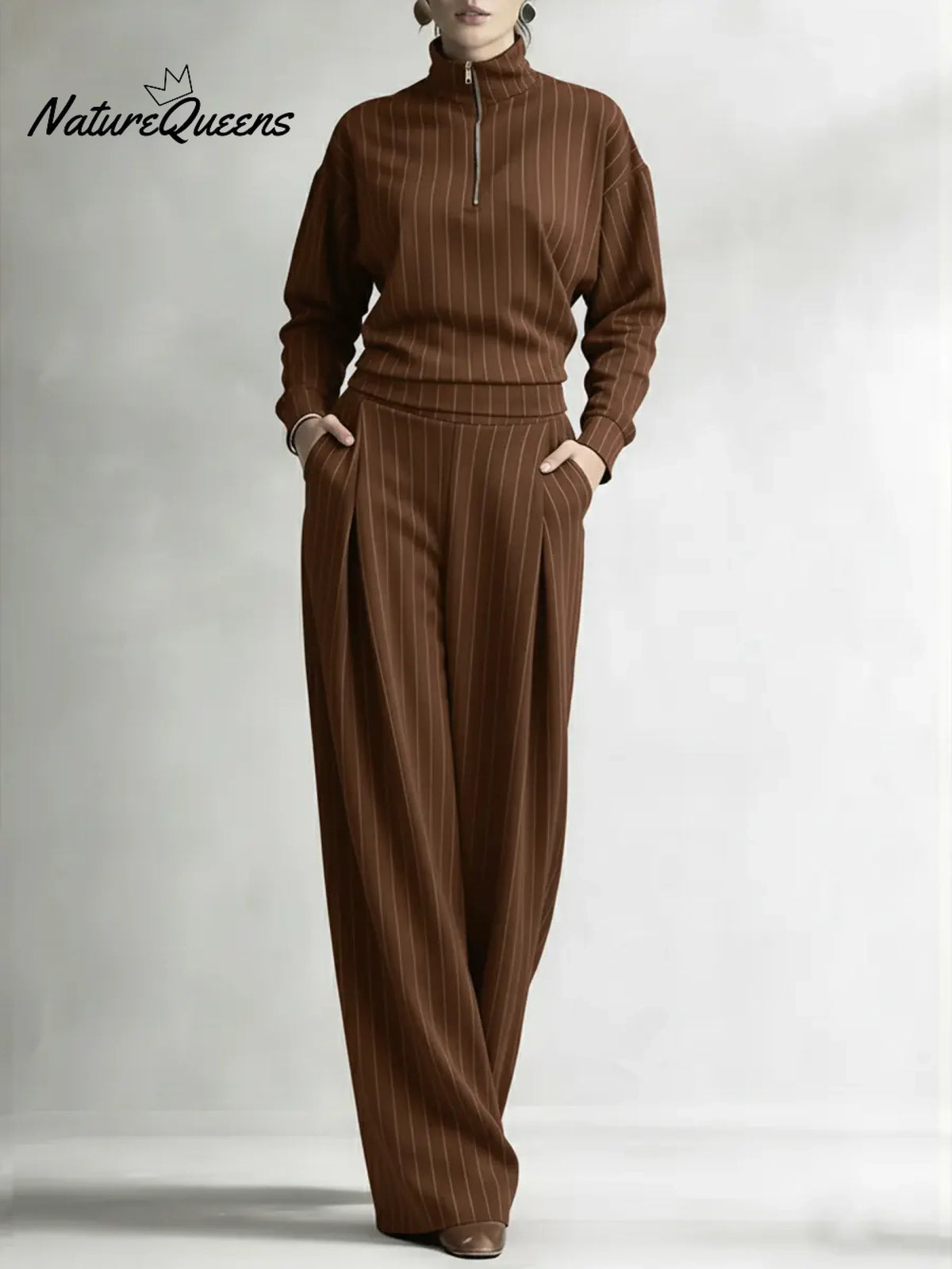 Women's Striped Stretch Cotton Half-zip Top And Wide-leg Pants Two-piece Set