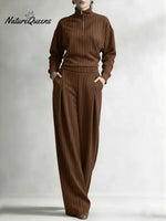 Women's Striped Stretch Cotton Half-zip Top And Wide-leg Pants Two-piece Set