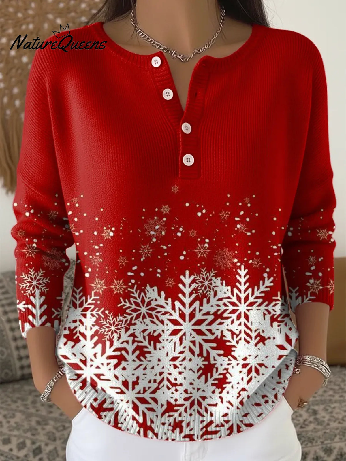 Women's Snowflake Pattern Art Print Casual Cardigan Sweater