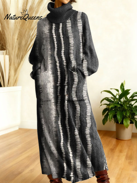 Women's Geometry Color Stripe Gradient Art High-neck Long-sleeve Casual Loose Knit Dress