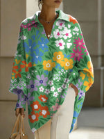 Women's Flowers Floral Patterns V-neck Long-sleeved Casual Loose-fitting Knitted Pullover Sweater