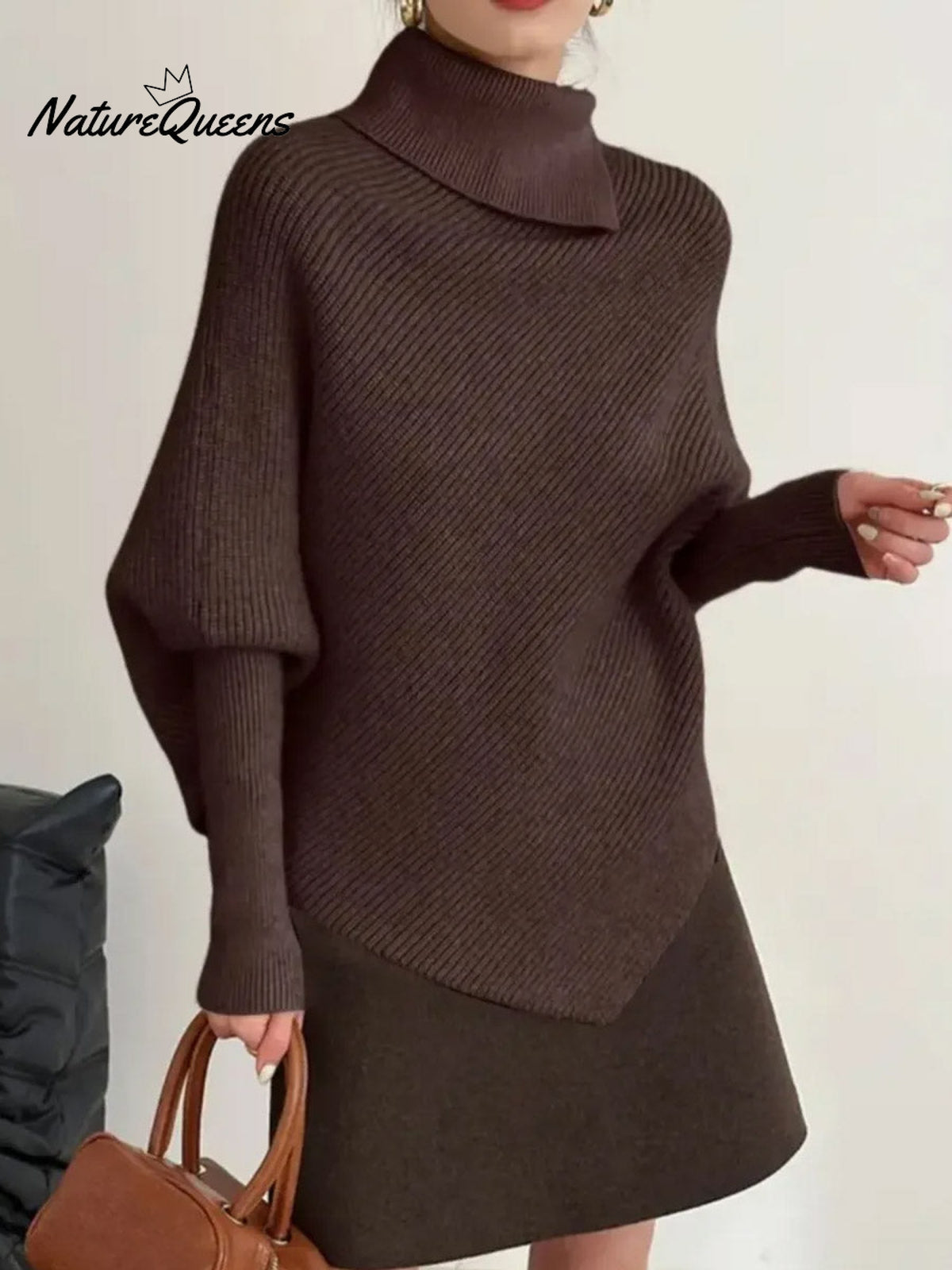 Women's Solid Color High-neck Batwing Sleeve Casual Loose Knit Sweater