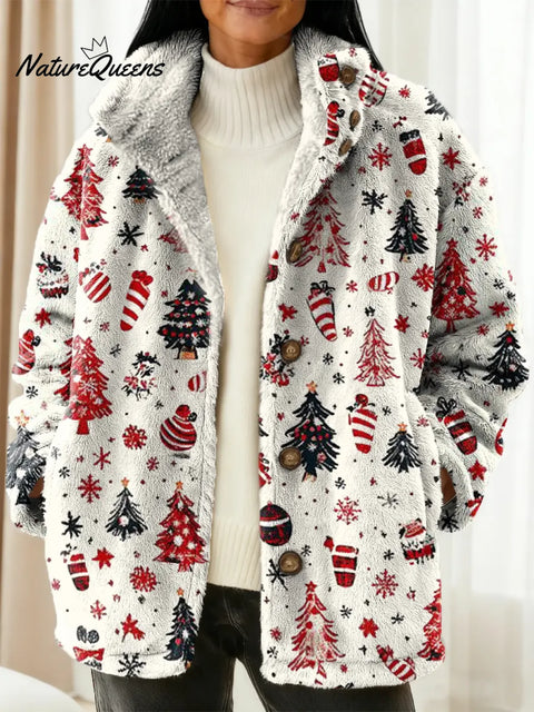 Women's Christmas Tree Pattern Art Print Casual Sherpa Coat