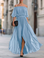 Women's Solid-color Off-the-shoulder 3/4-sleeve Casual Loose Chiffon Dress