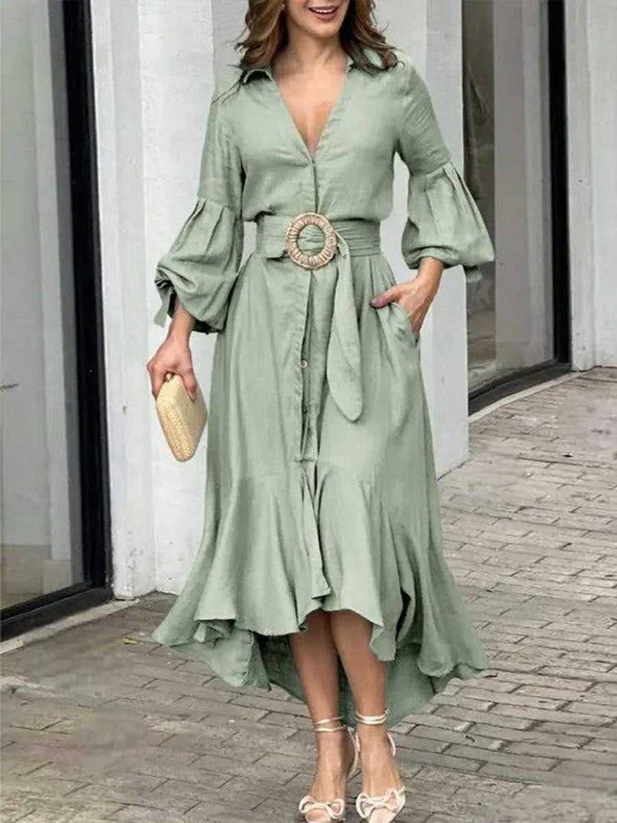 Women's Solid Color V-neck Long Sleeve Casual Loose A-line Dress