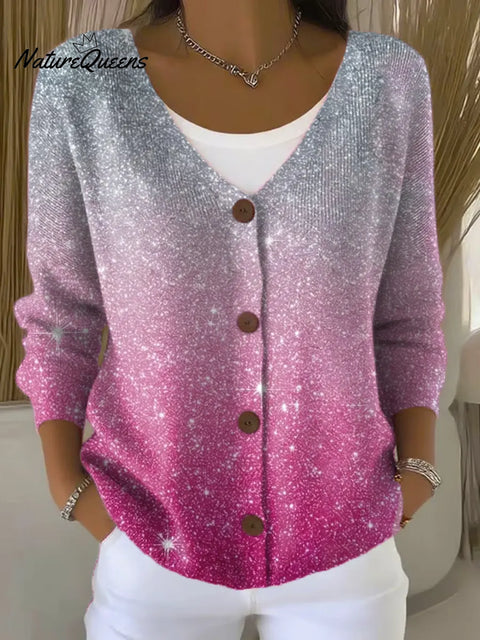 Gradient Colorful Art Print Buttoned V-neck Cardigan Sweater